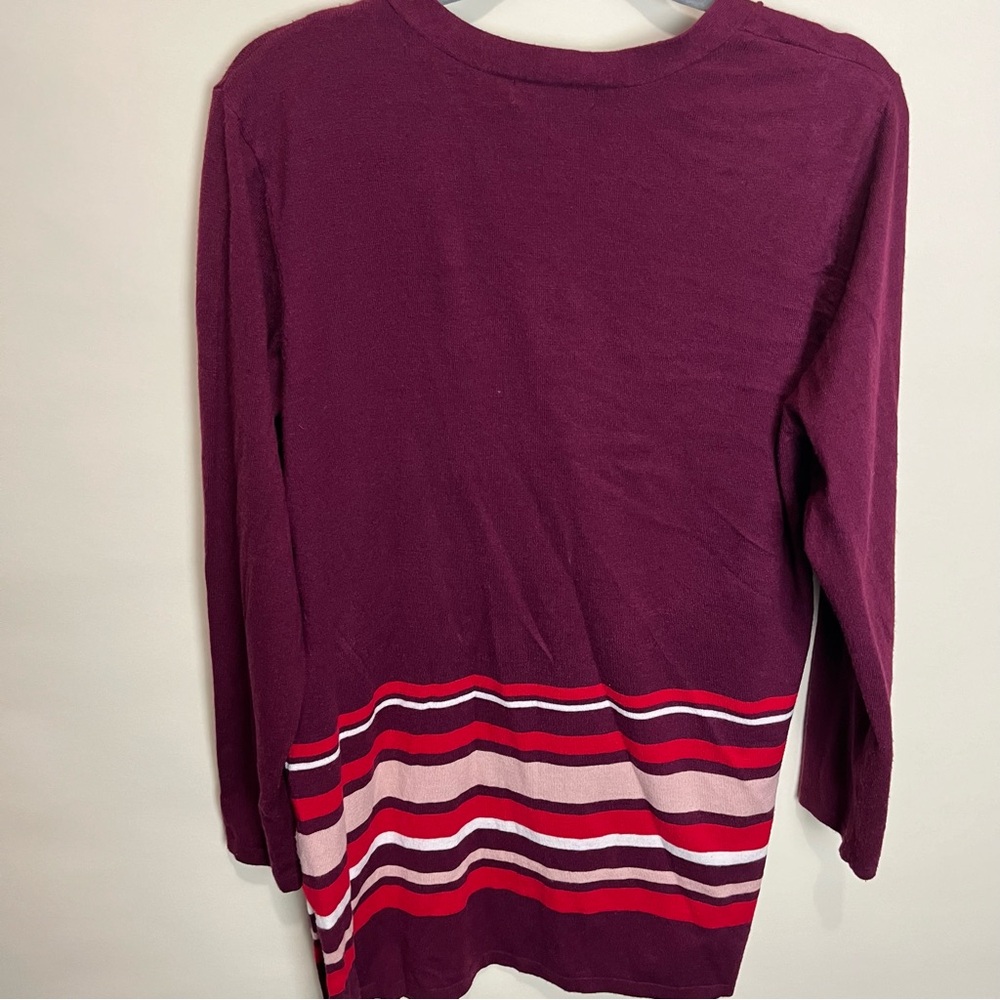 Liz Claiborne Long Cardigan Burgundy Red Pink Stripe Super Soft Size Large - Picture 5 of 6